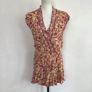 Poupette St Barth Women Elegant Mini Dress S Pink Yellow Floral